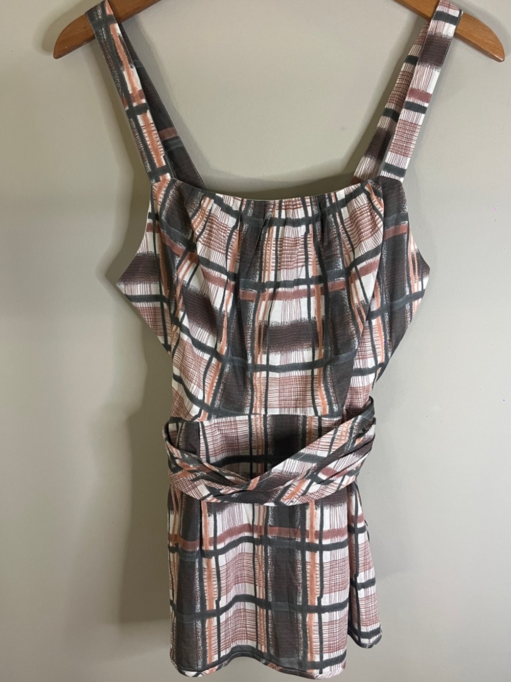 Plaid Sleeveless Tie-Waist Mini Dress in Blush Pink and Charcoal